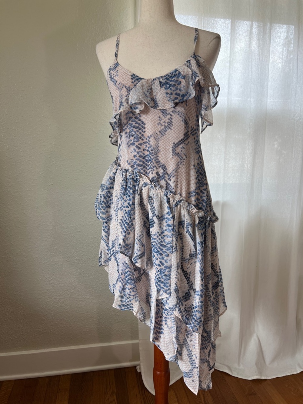Olivaceous Blue, Cream, Baby Pink Asymmetrical Ruffle Slip Dress Size L NWT